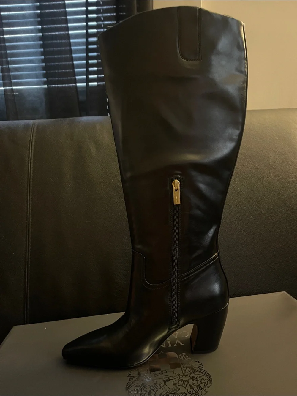 Vince Camuto Black Leather Knee High Block Heel Boots Sz 7.5 Wide Calf NWB